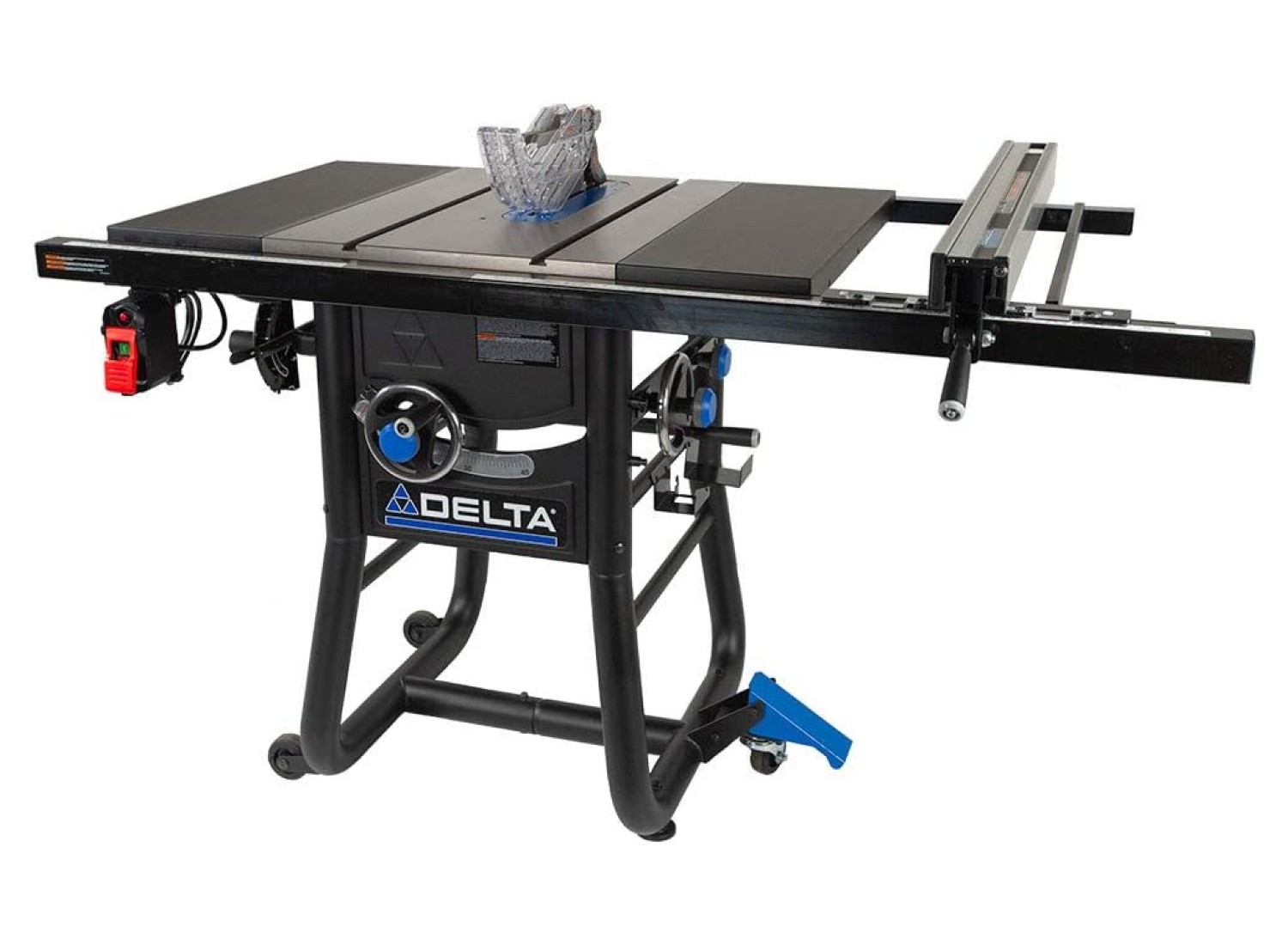 Black Delta cabinet table saw with that prominently reads 