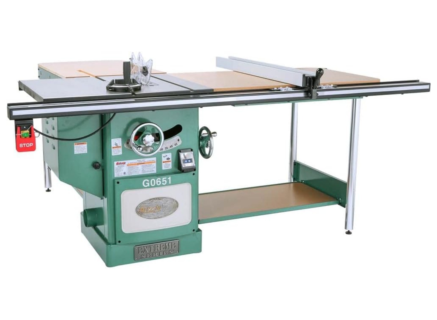Green Grizzly Industrial cabinet table saw with wooden cutting surfaces.