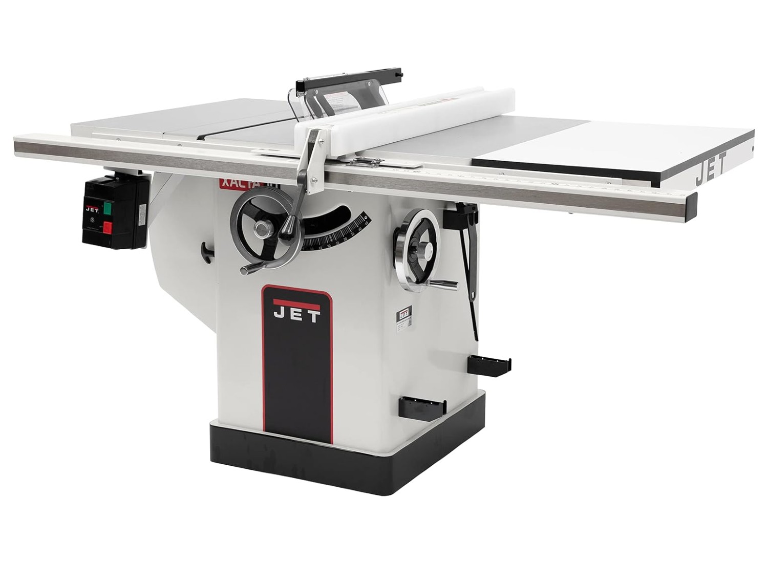 Front-facing image of a white and black Jet cabinet table saw.