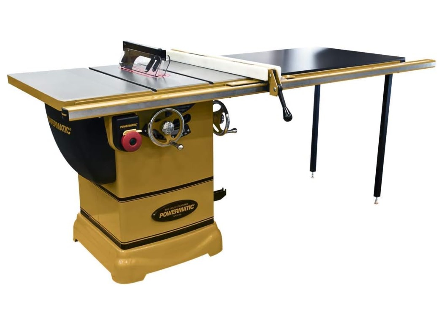 Yellow Powermatic cabinet table saw over a white background.