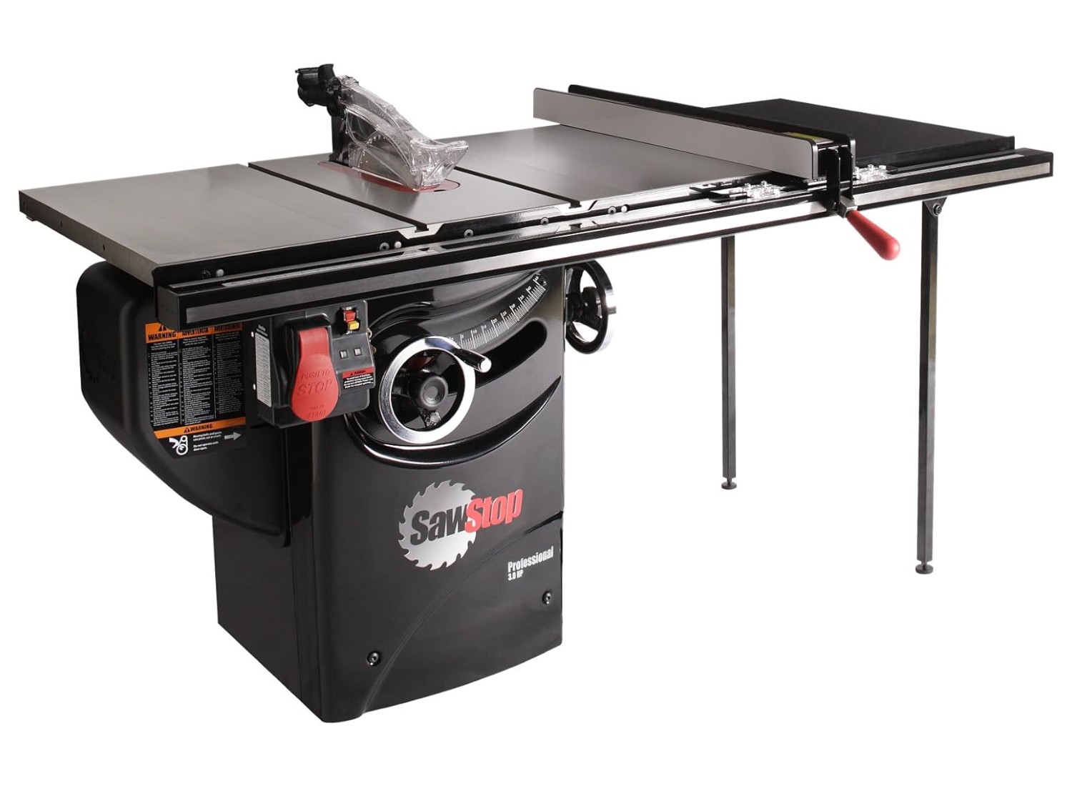 Image of the SawStop cabinet table saw at an angle on a white background.