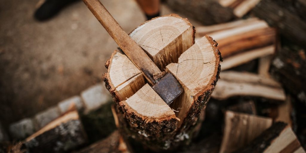 Close up of firewood splitting on four