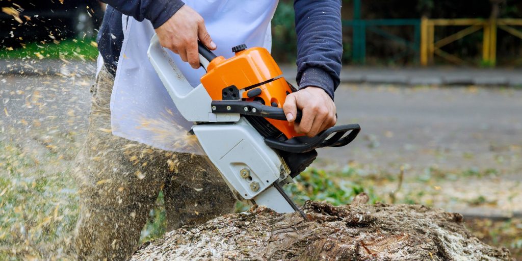 Following a violent storm, a municipal worker cuts down a broken tree