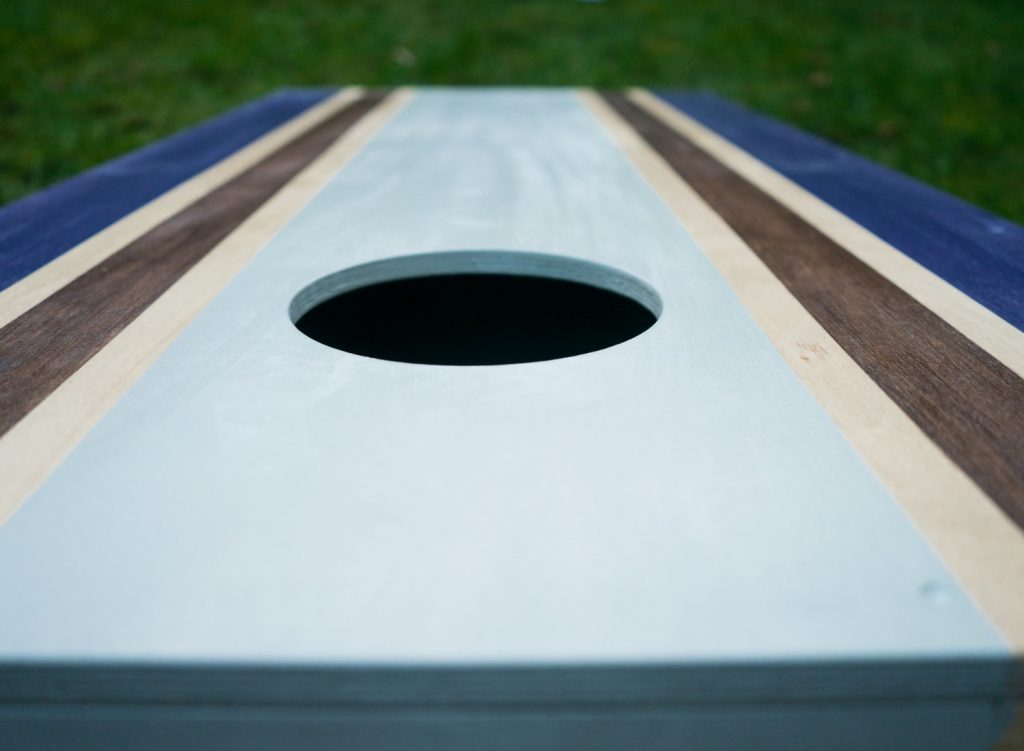 Cornhole table in the backyard