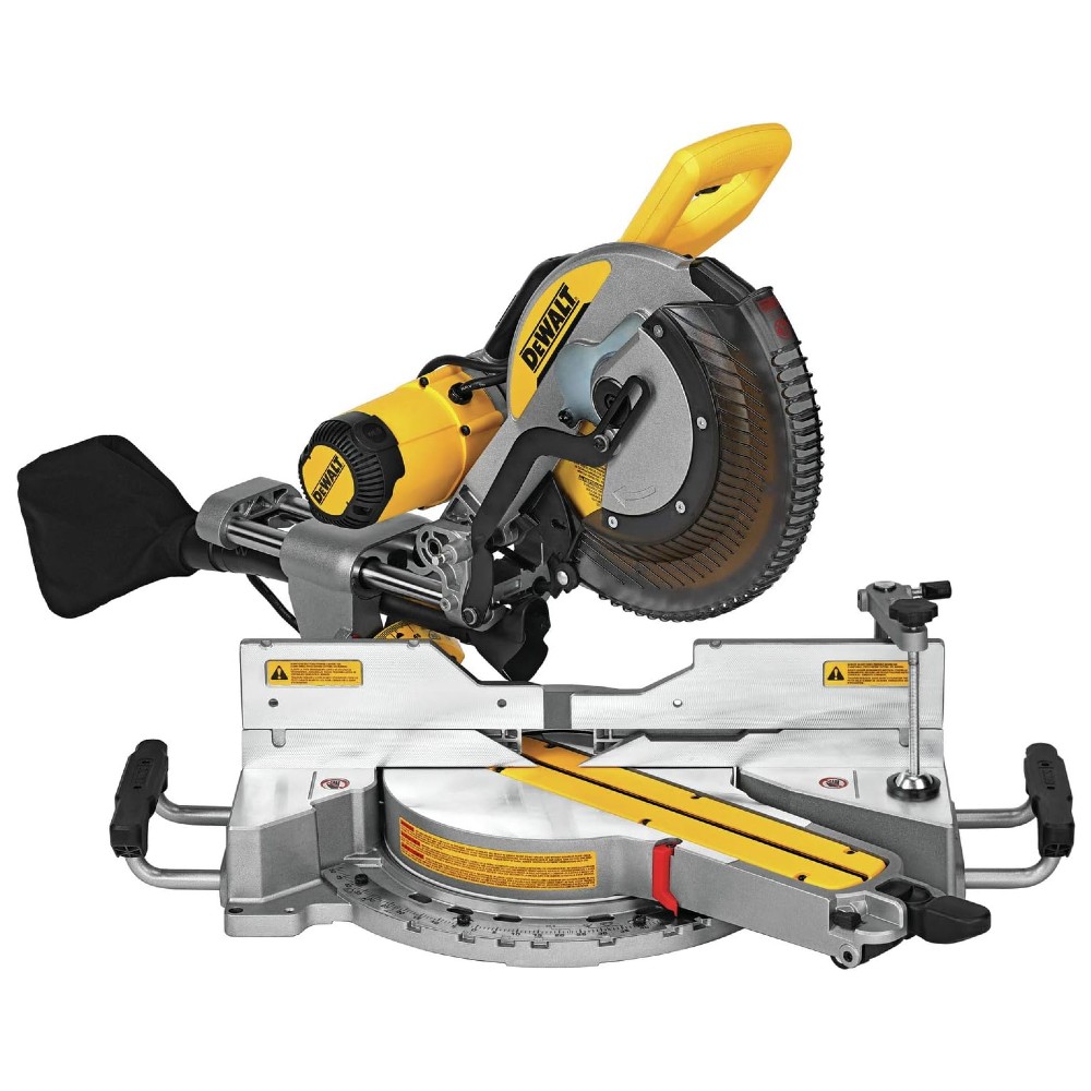 Front-facing image of a yellow DEWALT sliding miter saw over a white background.